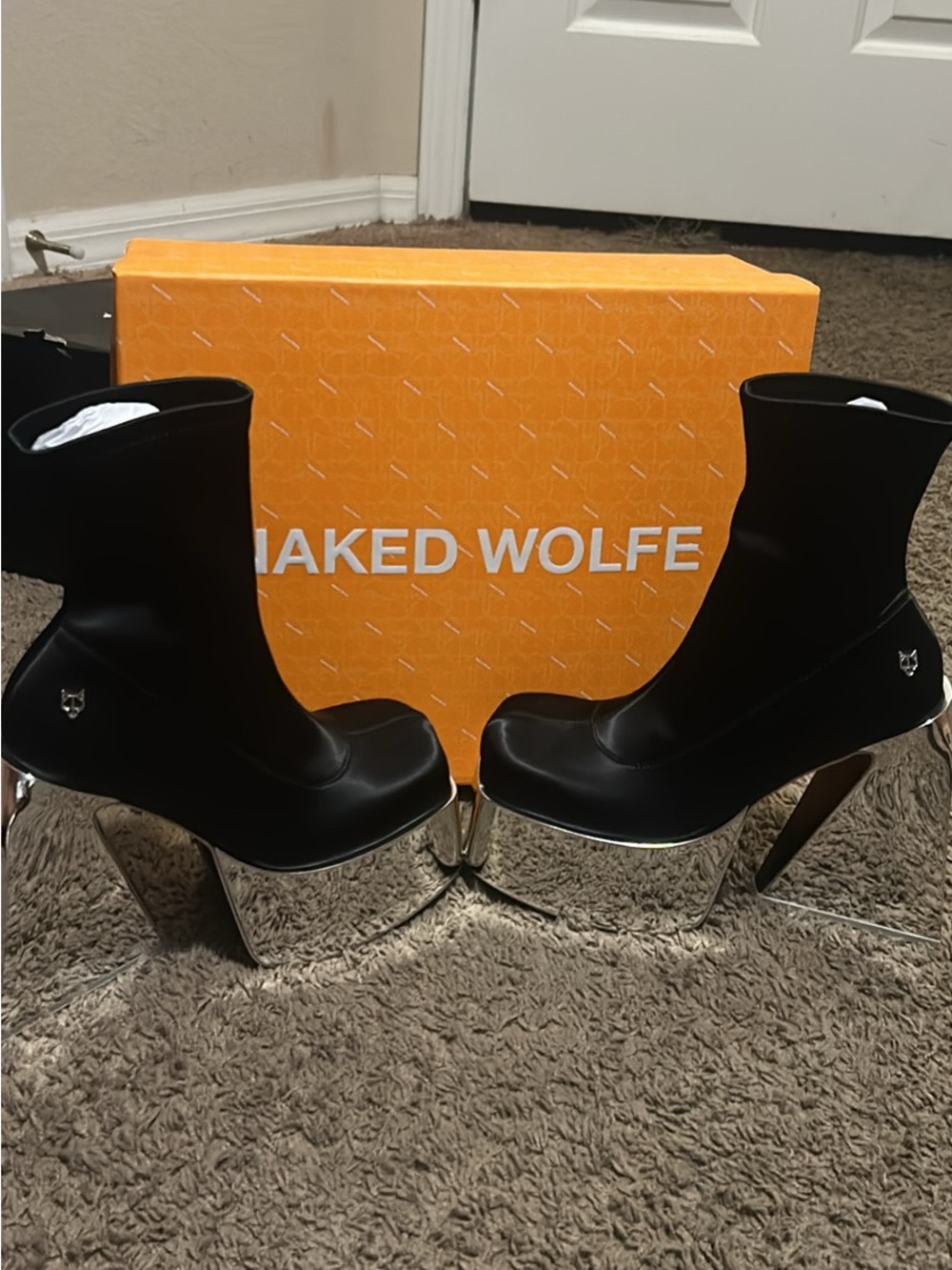 Naked Wolfe Black Stretch Ankle Boots with Sculpted Silver Heels - Picture 2 of 4